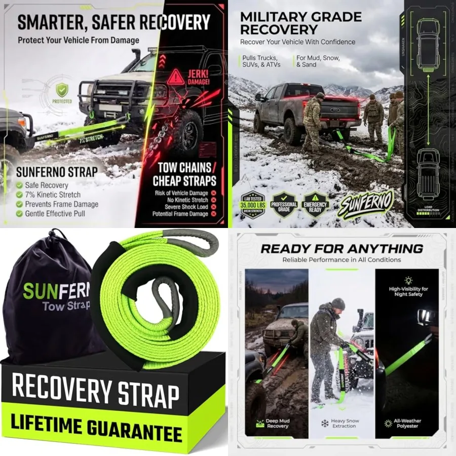 

Recovery Tow Strap 35000lb Break Strength - Lab Tested Heavy Duty 3"x20' Winch Snatch Straps - Recover Your Vehicle Stuck in Mud/Snow - Protective Loops - Off Road Towing Rope Truck Accessory