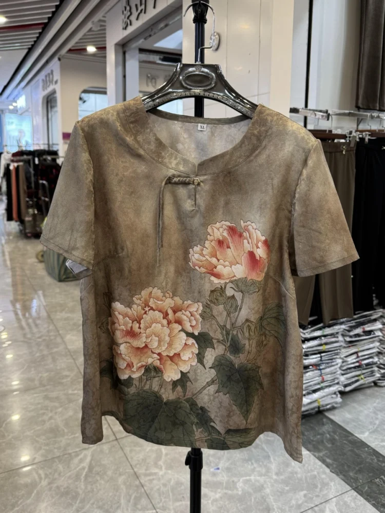 

New Chinese Sle Mommy irt with Button Print Chiffon Women's Summer 2025 Faion High Quali Loose Fit round Ne ort S...