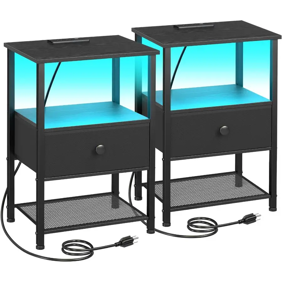 

Stand Set 2, LED Nightstand with Charging Station, End Tables Living Room with Fabric Drawer, Small Bed Side Tables for Bedroom,