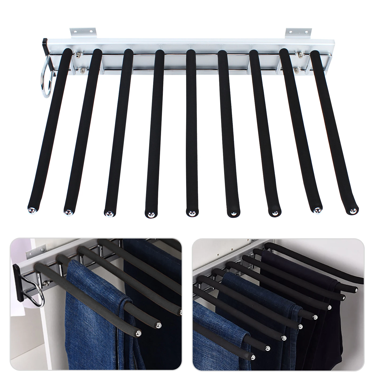 Pull Out Wardrobe Trouser Rack 9 Scarf Holder Hanger Rail Extendable Black Trousers Hanger Pants Hanger Left-mounted