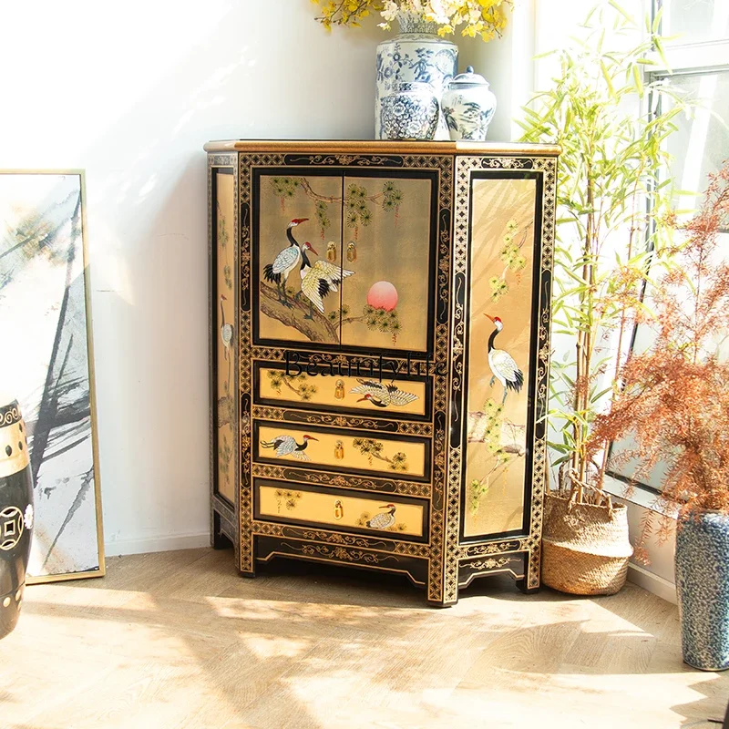 

FG52-*New Chinese-style corner cabinet triangular living room decoration hand-painted gold foil flower stand storage cabinet