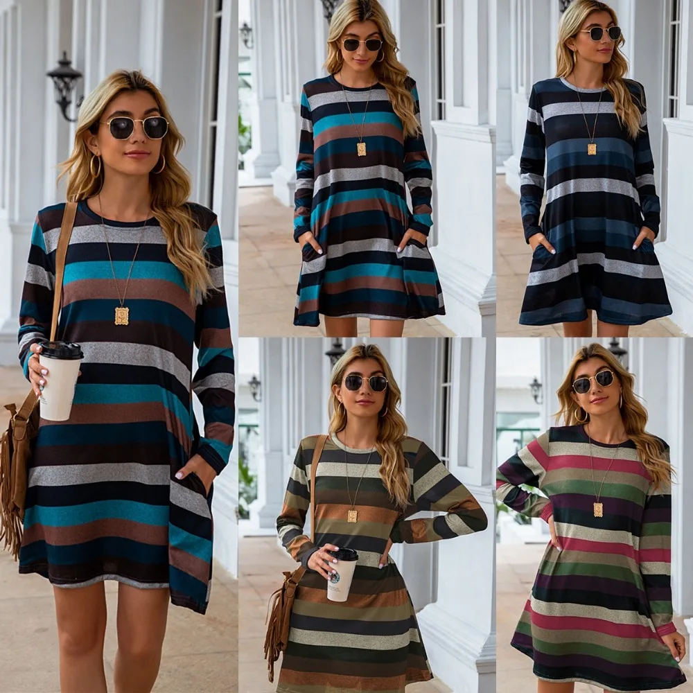 

Women's Dress with Casual Wide Stripes, Fashionable Loose Fit, Big Swing, Long Sleeves, Summer New Style