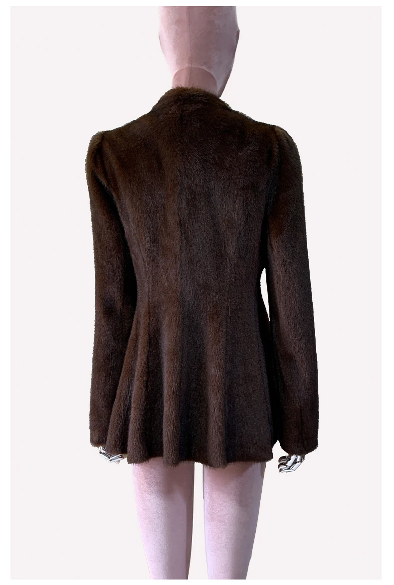 Nerazzurri Winter Short Brown Thick Warm Soft Fitted Faux Mink Fur Coat Women Single Button Elegant Luxury Chic Fluffy Jacket