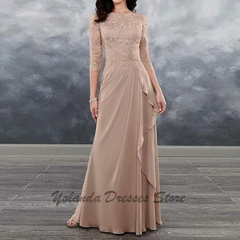 Robes mère de la mariée à la mode, col rond, dentelle appliquée, fermeture éclair au dos, robe de soirée formelle, longueur au sol, manches 3/4, volants