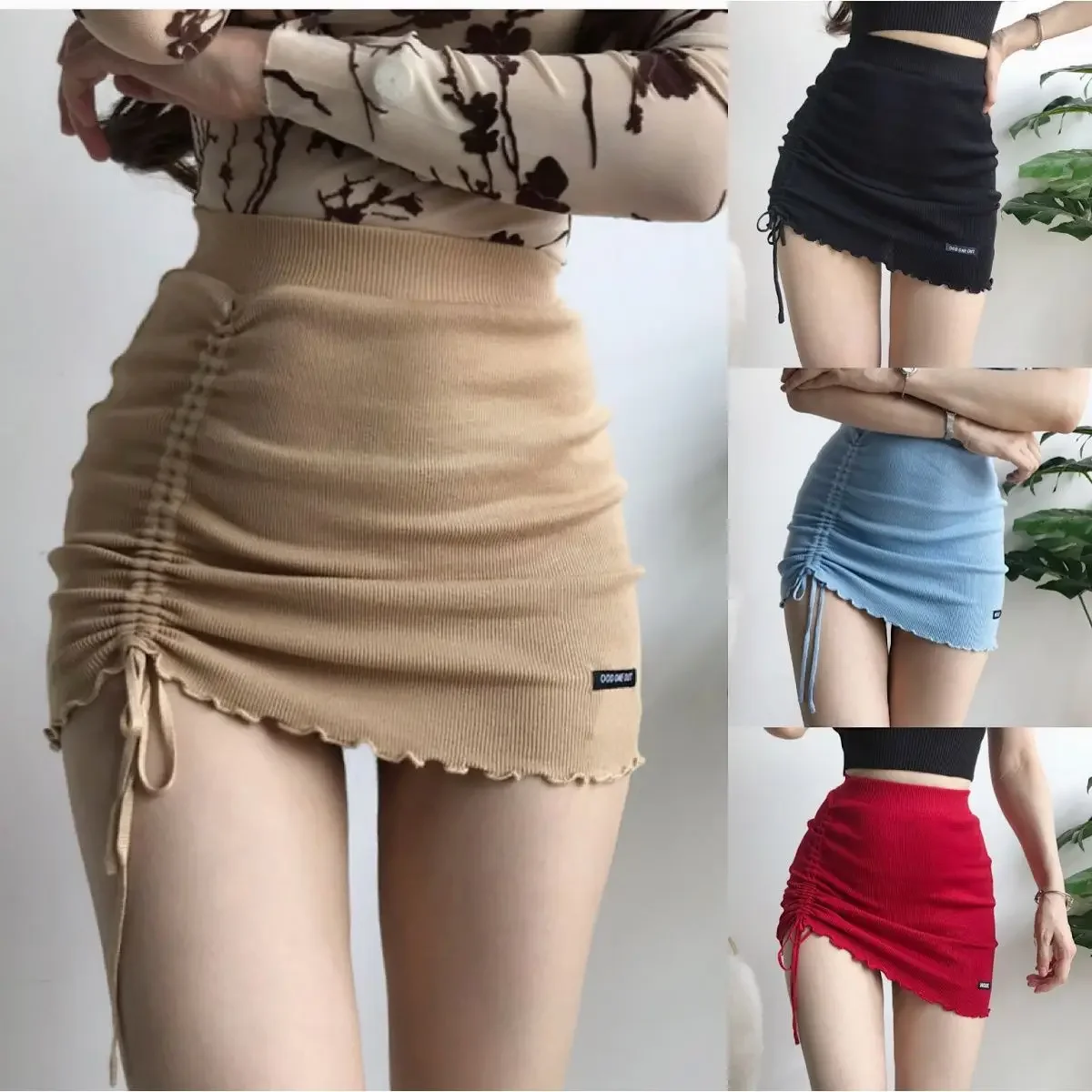 

French Side Drawstring Letter Skirts Wrap Hip Women Slim Elastic High Waist Spicy Girl Short Skirt Knitted Harajuku Short Skirt