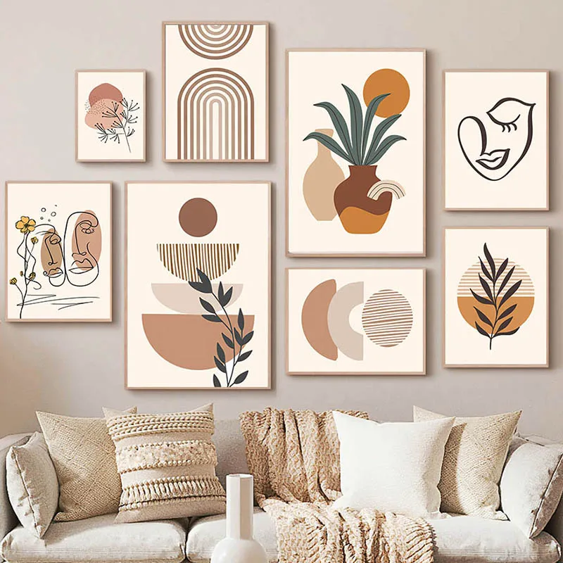 Pósteres y Cuadros Nórdicos de Arte Abstracto Bohemio con Rayos Solares, Rostro, Arcoíris, Hojas y Jarrones para Decoración de Sala de Estar