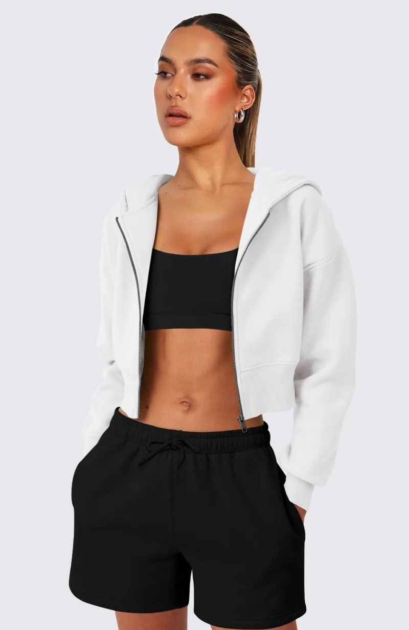 Women'S Casual Solid Colour Short Zip Hoodie Drawstring Hooded Sweatshirt Loose Hooded Zipper Sweatshirt Fashion Outerwear Y2k