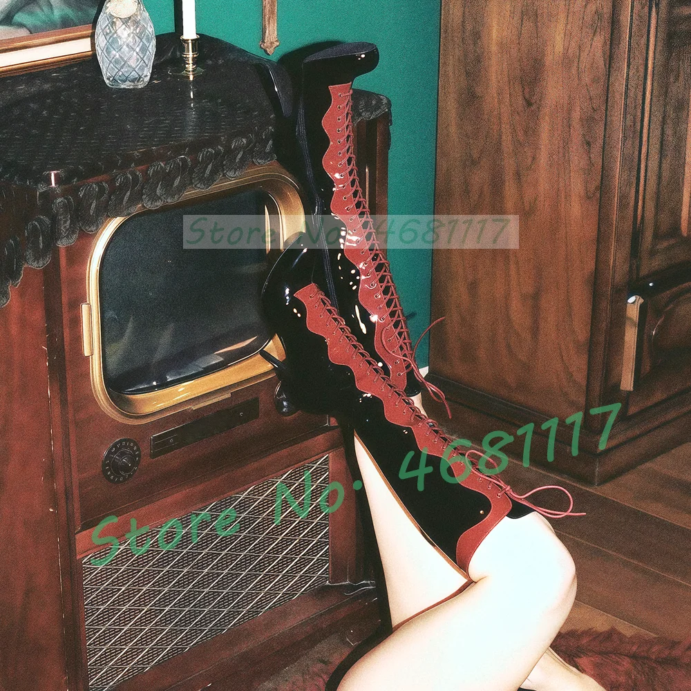 Colorblock Shiny Leather Riding Boots Women Sexy Red Wavy Edge Cross Tied Knee High Boots Novelty Round Toe Thin High Heel Shoes