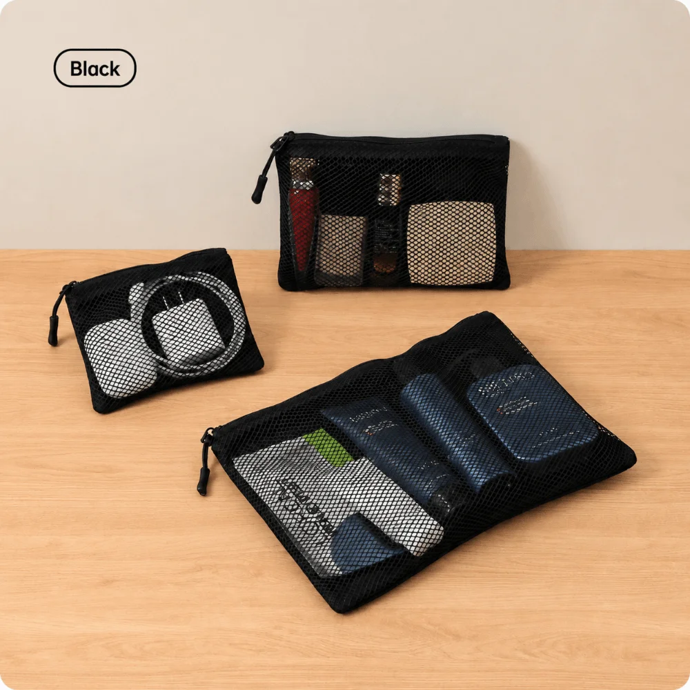 Versatile Double Zipper Mesh Organizer Pouch Polyester Multi-size Storage Pouch Dual-Layer Cable Organizer Bag Travel
