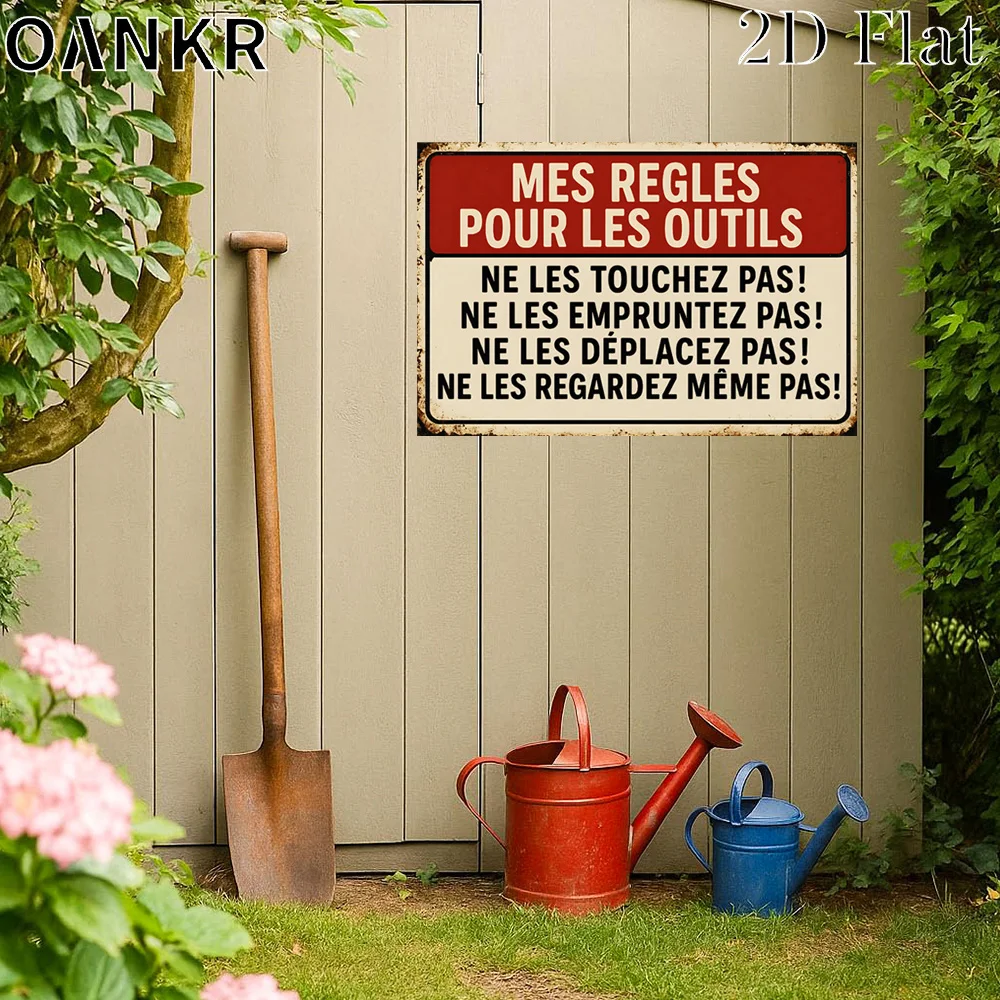 Funny Antique French Tool Warning Metal Tin Sign, Vintage Funny Workshop Rules Wall Art for Garage Man Cave Home Bar Decoration