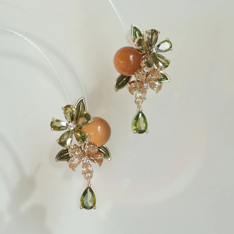 Huitan Fresh Flower Leaf Drop Earrings for Women Orange Stone Aesthetic Wedding Geometric Cubic Zirconia Elegant Party Jewelry
