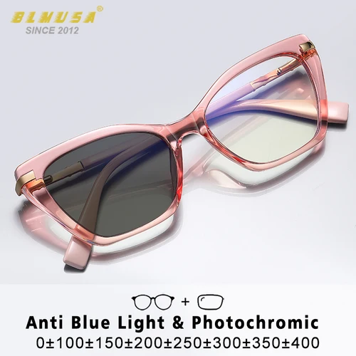 Imagen 2 del producto BLMUSA, gafas de lectura fotocromáticas antiluz azul a la moda para mujer, gafas simples de ojo de gato, gafas graduadas para miopía e hipermetropía