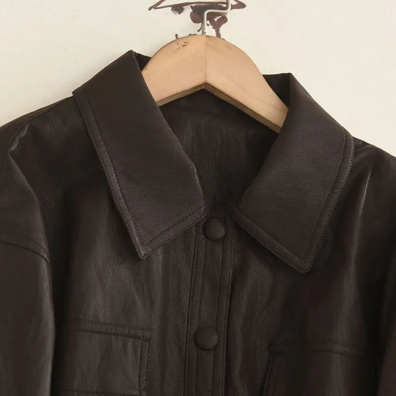 Cool Sle Brown PU cuero Jaet mujer otoño nuevo Retro alta calidad adelgazamiento Faionable prendas de vestir exteriores largo Sve Flip Collar