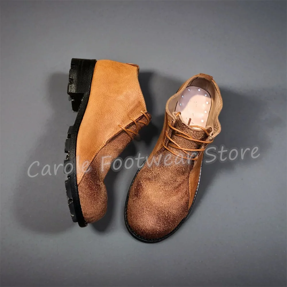 Handmade Big Head Chunky Bottom Genuine Leather Loafers British Style Male Lace-Up High Top Boots Outside Casual Footwear Shoes