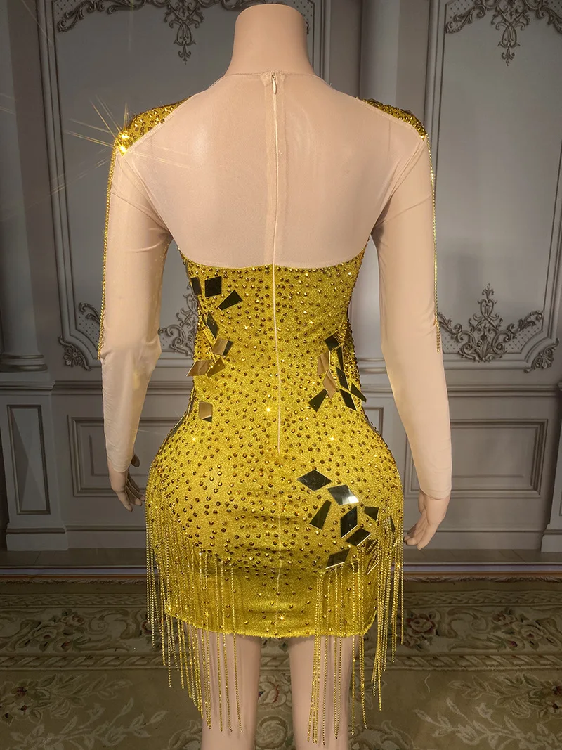 เครื่องแต่งกายวันเกิด Gold Silver Sequins คริสตัลพู่ชุดเซ็กซี่เซ็กซี่ Vestidos De Noche Elegantes งานแต่งงานชุดยาว