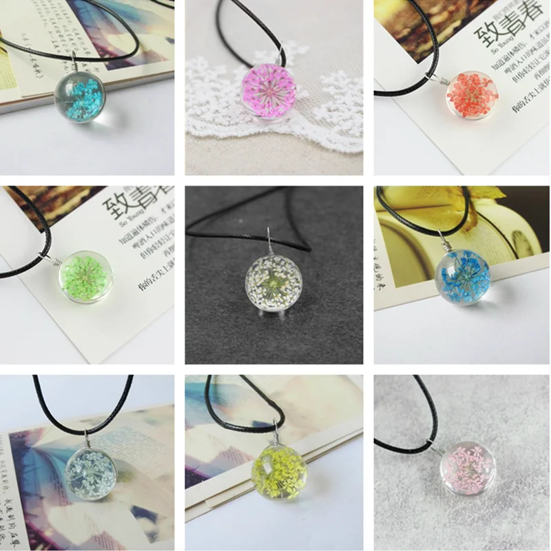 Women Round Dandelion Pendant Necklace Glass Ball Dried Flower Necklaces Rope Chain Transparent Lucky Wish Jewelry Choker Gift