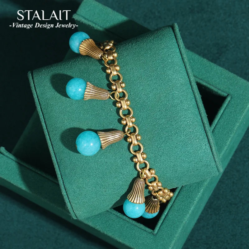 

Vintage Turquoise Light Bulb Tassel Bracelet 18k Gold Color Natural Stone Bangle Jewelry Antique Accessories Retro For Women