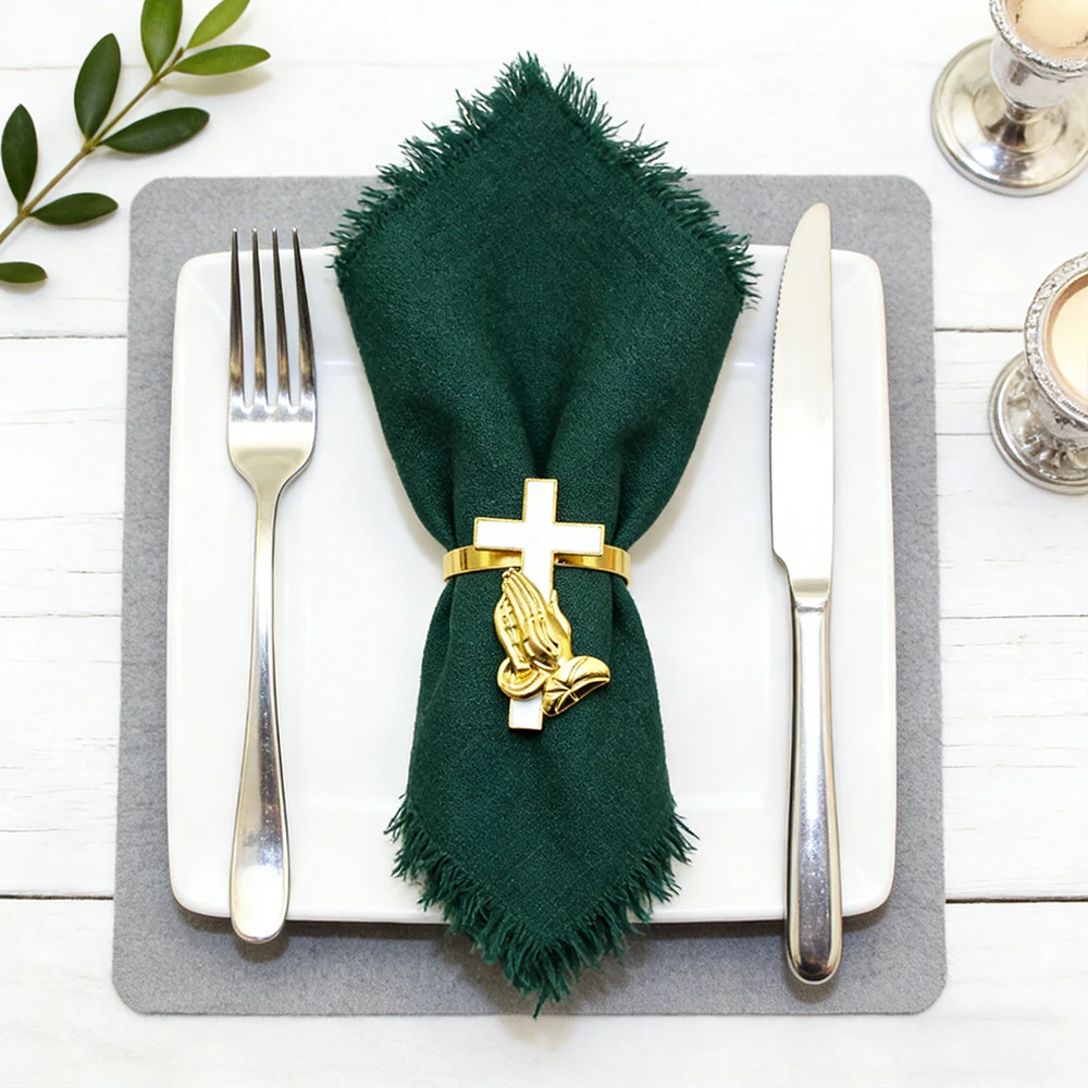 Dvianna 6Pcs Praying Hand Cross Napkin Rings Gold Metal Napkin Holder for Baptism Church Table Decoration