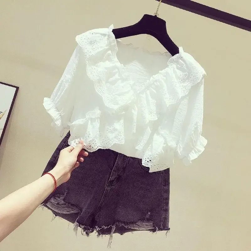 Summer New Ruffled Edge Loose T Shirts Short Sleeve Solid Pleated Irregular Elegant Tops Tees Temperament Fashion Women Clothing