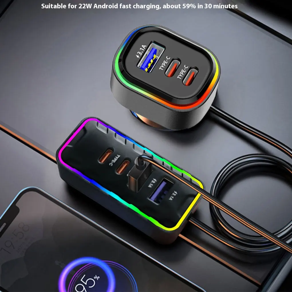 USB Type-C 22.5W Fast Charging Car Adapter 7-Port LED Light Heatproof Plug And Play Front Rear Charging Phone Charger