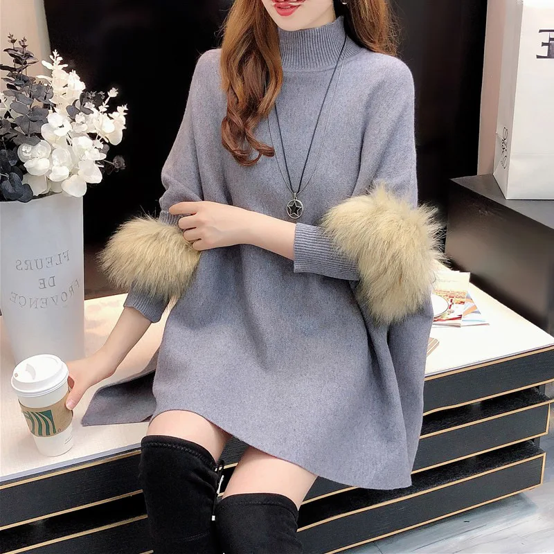 

Autumn Winter Imitation Wool Sleeves Cape Knitted Pullover Sweater Loose Coat Women Sleeved Poncho Lady Capes Beige Cloaks