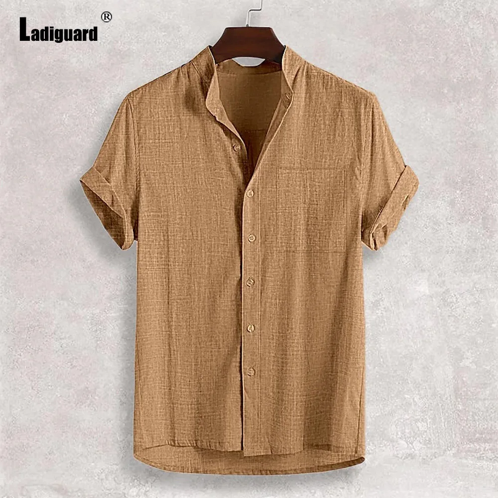 Ladiguard Men Grid Linen Shirt 2025 Summer Casual Top Army Green White Soft Pocket Blouse Mens Jogging Beach Shirts Clothing New