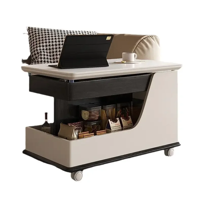 Solid wood multi-functional light luxury high-end side cabinet, living room sofa with wheel edge few trolley rock slab coffee ta