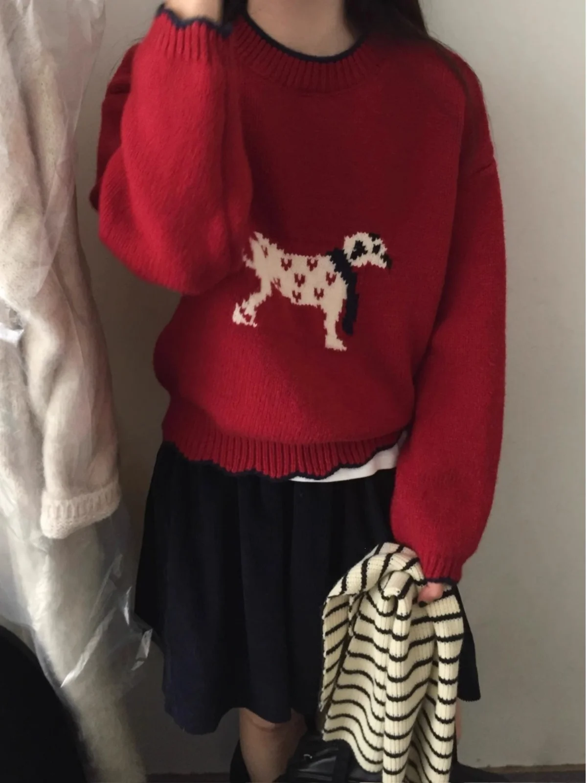 Koreaanse Sle Lazy Sle damestrui lente herfst los schattig borduurwerk cartoon top gebreid lang Sve rond Ne