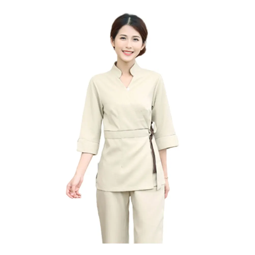 

1Set Beautician Uniform Two-Pieces Cotton Working Clothes Beige V Neck Tops Lightweight Breathable Beauty Salon Nursing Costume