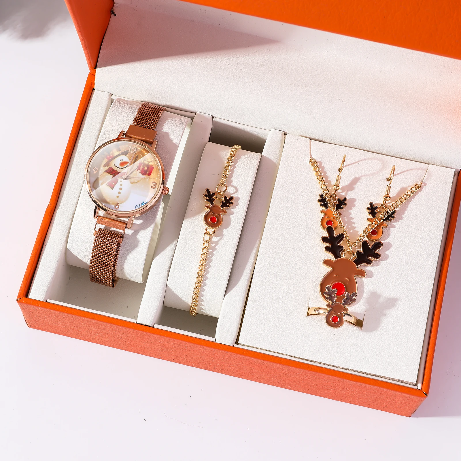 Christmas watch snowman gift pattern net quartz wristwatch reindeer theme accessory set, Christmas premium gift