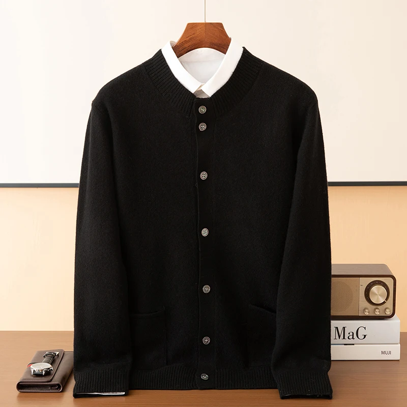 Fall/Winter Half-high Neck 100% Pure Wool Men's Button Jacket Cardigan Leisure Business Solid Color Knitted Bottom Shirt