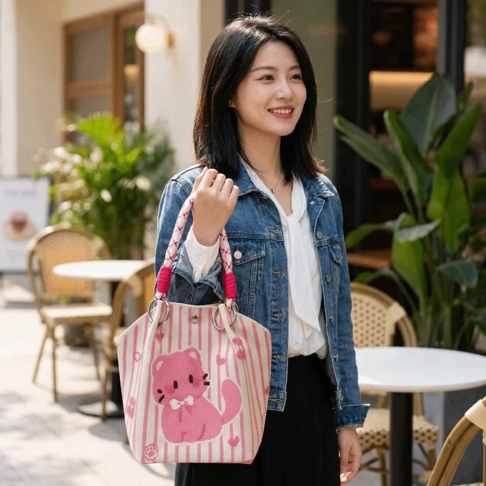 New Cat-themed Floral Knitted Tote Bag Wrapped Handle Cartoon Portable Bucket Bag Colorful Large Capacity Women Tote Bag Outdoor