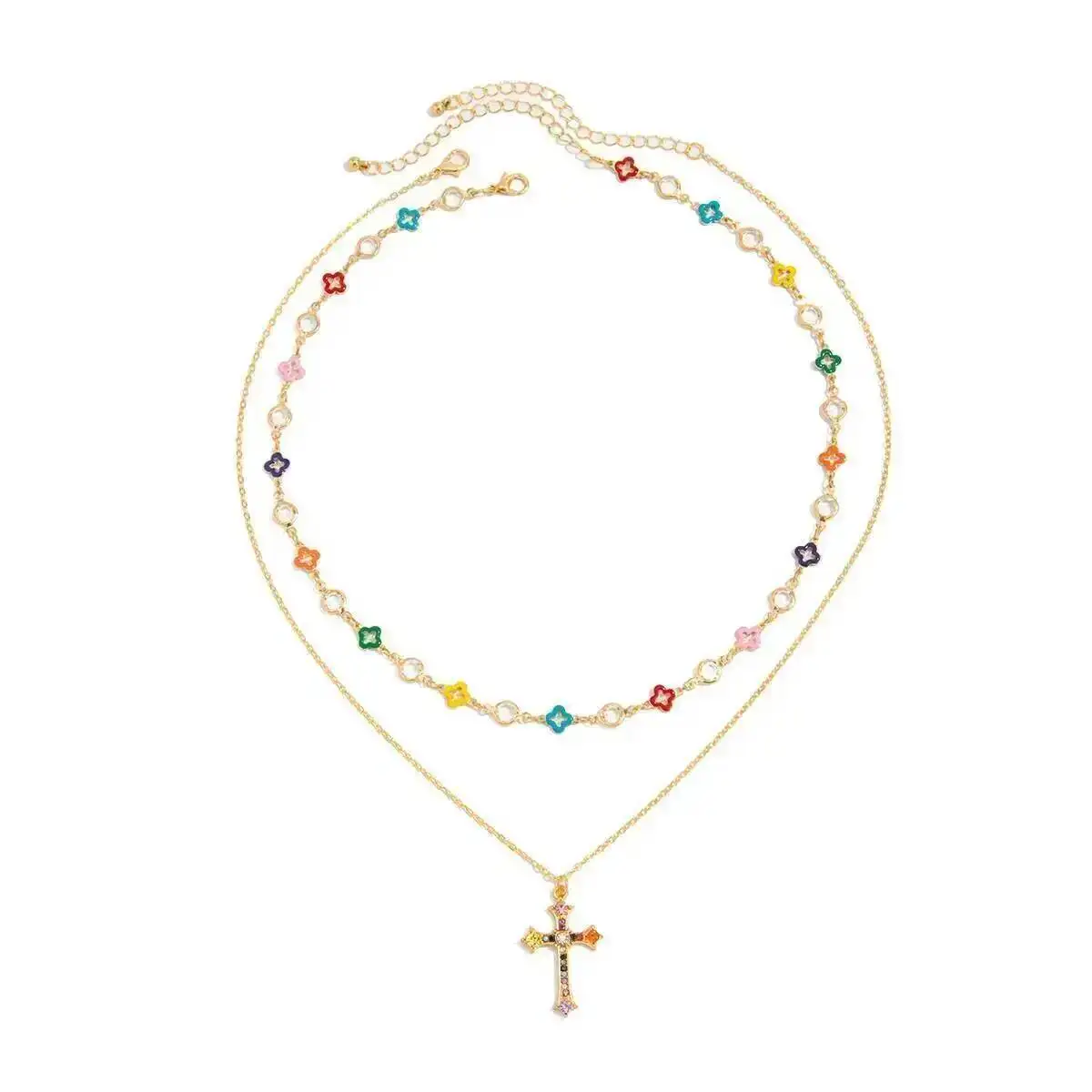 

PuRui 2Pcs Colorful Crystal Chain Necklace Set for Women's Y2K Bohemian Jesus Cross Pendant Exquisite Daily Party Jewelry Gift