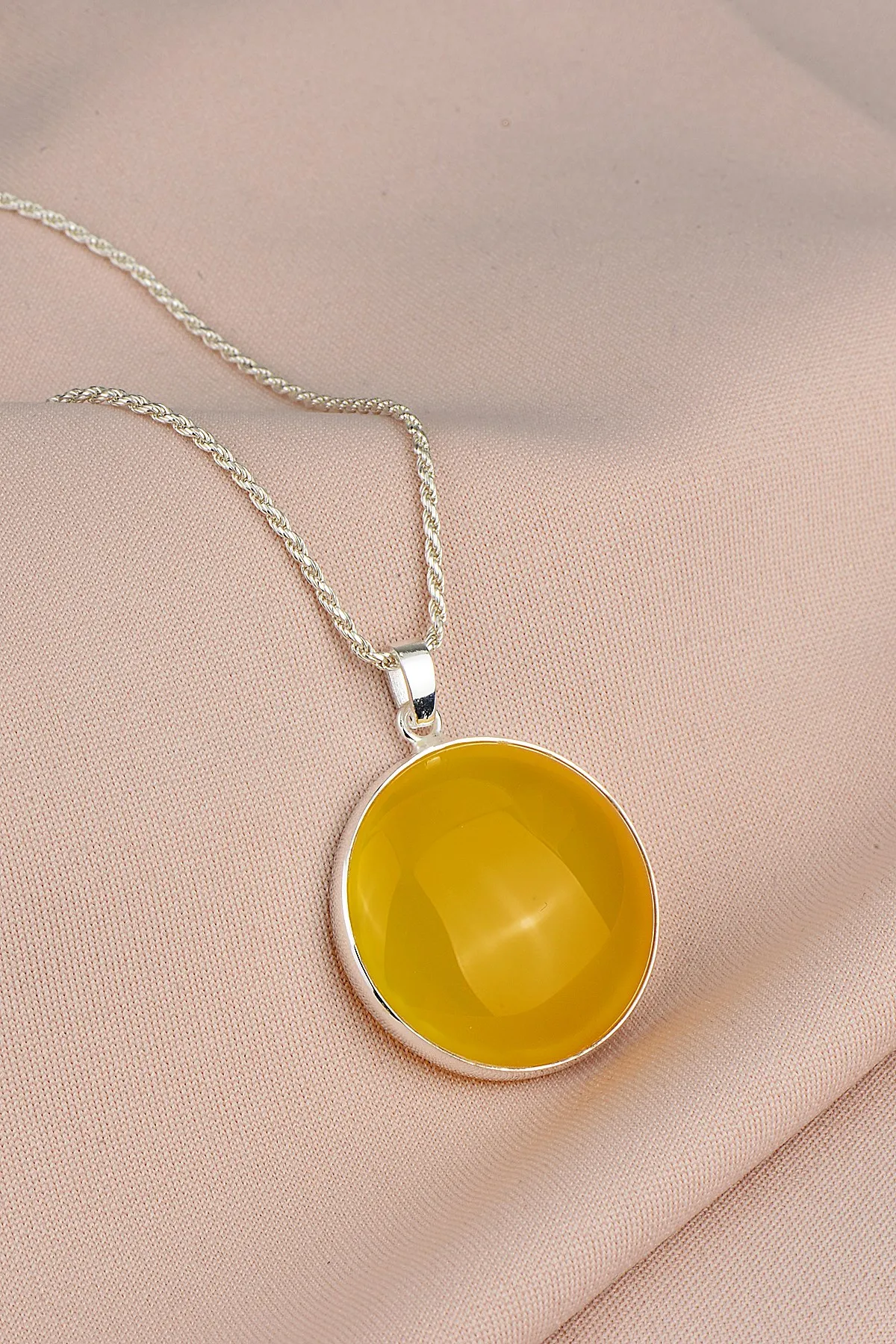 Silver Yellow Agate Necklace , Orange Necklace , Natural Agate Necklace , 25mm Silver Necklace , Handmade Jewelry , 925k Sterlin