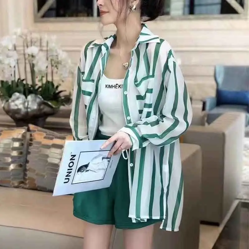 Summer Woman Clothes Ins Chic Youth Lively Korean Fashion Style Sunscreen Shirt Striped Preppy Style Turn-down Collar Casual