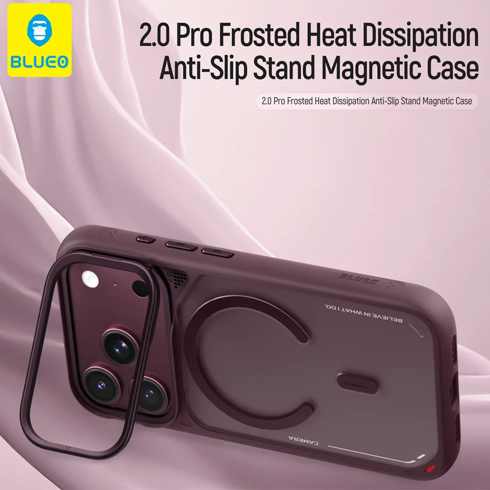Blueo For iphone 18 Pro Max Case Armor Frosted TPU+PC Heat Dissipation Anti-Slip Stand Magnetic Case For iphone 18 Pro