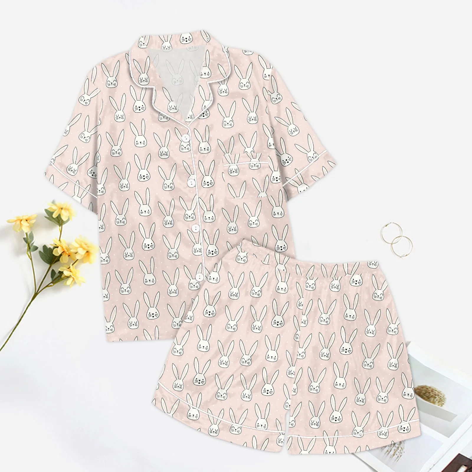 2 Piece Set Pajamas For Women Graphic Cute Roller Rabbit Print Pajama Short Sleeve Button Shirt And Shorts Pajama Set Sleepwear