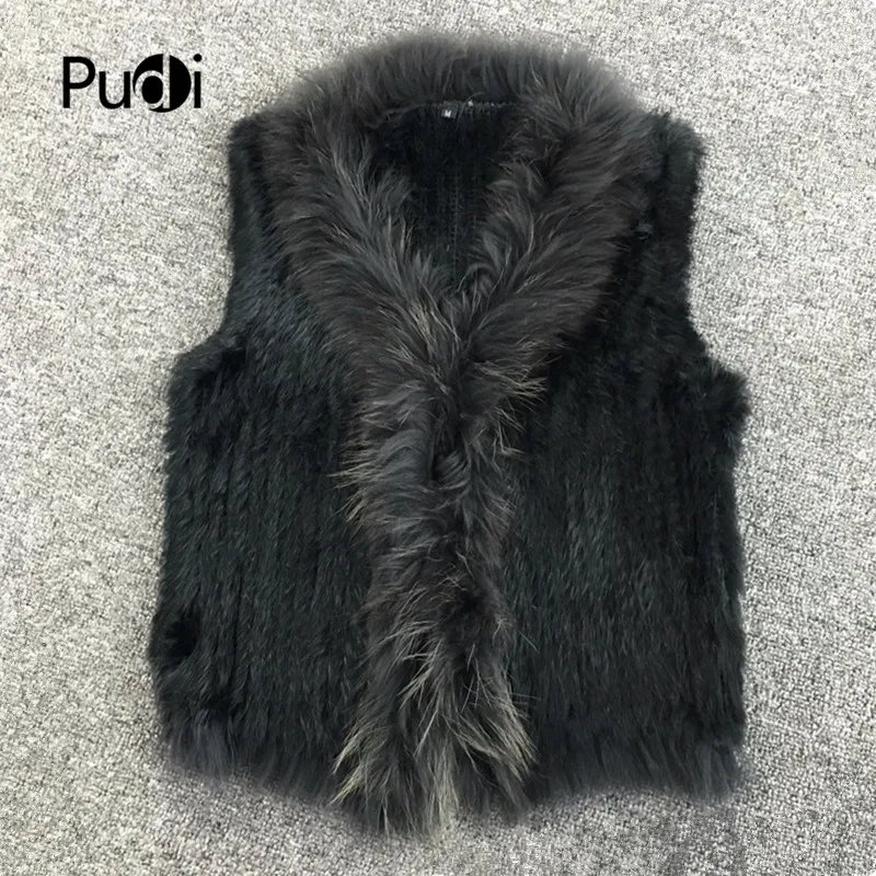 

VR033 Women Genuine Natural Real Rabbit Fur Knitted Vests /Waistcoat/ Gilet /coats With Tassels Raccoon Fur Collar