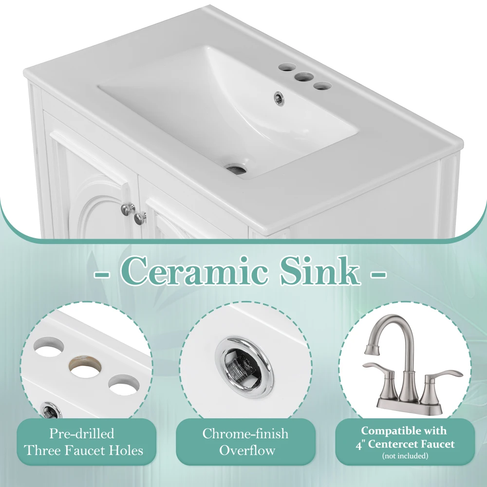 30インチのバスルームバニティ、マッチングミラー薬キャビネットコンボセット、セラミックシンク付きモダンなバスルーム収納キャビネット