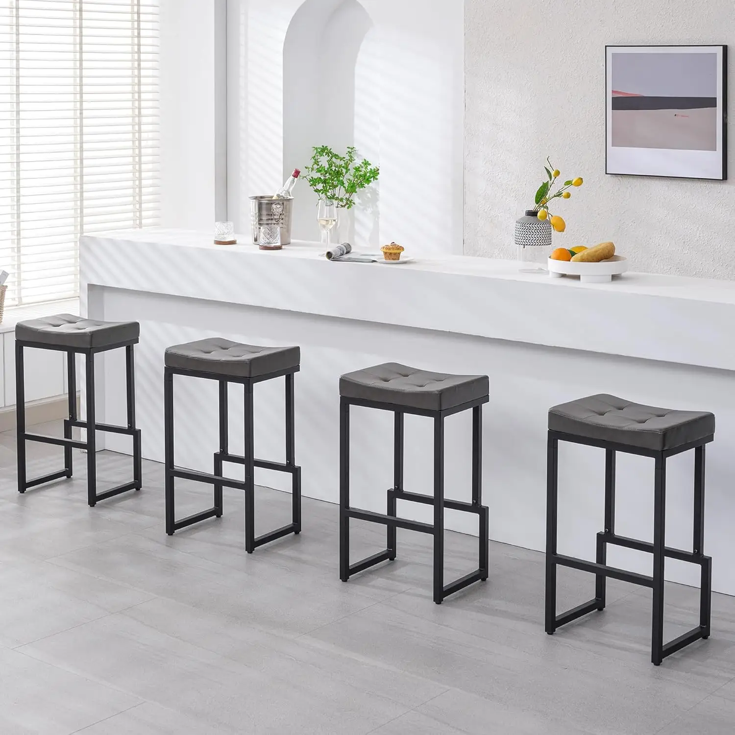 

Bar Stools Set of 4, 28" Counter Height Bar Stools, Faux Leather Barstools for Kitchen Island, Backless Saddle Stools