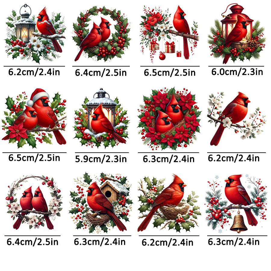 12pcs Christmas Red Cardinal Bird UV DTF Cup Wrap Transfer Sticker Glass Coffee Mugs Decoration Winter Xmas Greeting Cards Decal