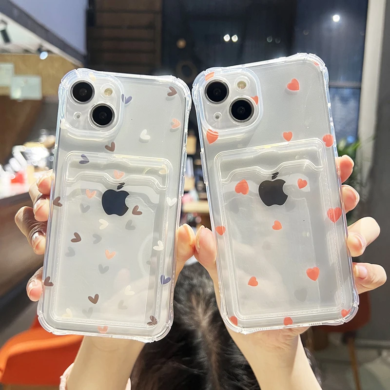 Transparent Love Heart Card Pocket Case For iPhone 14 13 12 11 Pro Max 14Plus X XR XS Max Shockproof Wallet Card Holder Cover