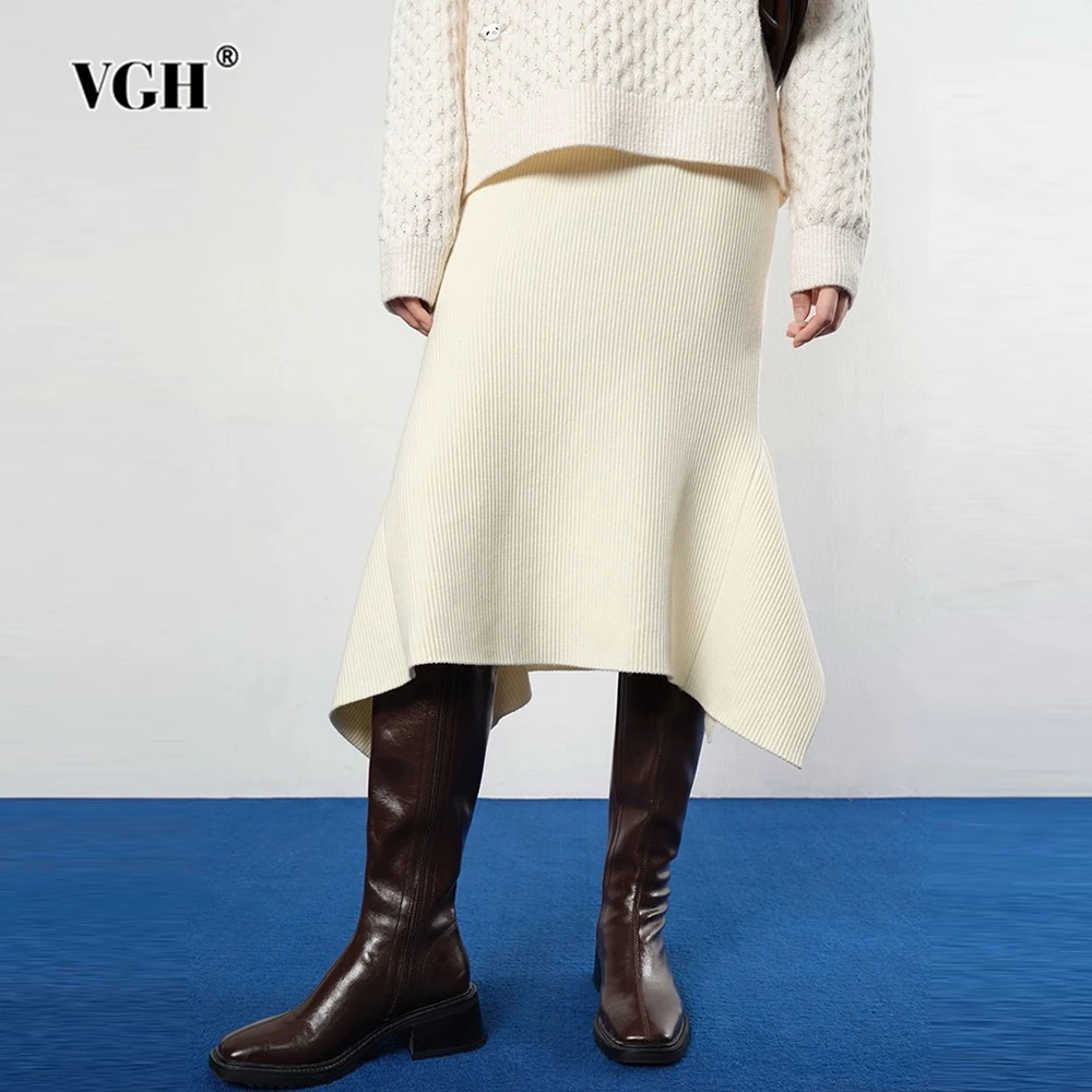 

VGH Solid Slimming Knitted Long Skirt For Women High Waist Bodycon Patchwork Ruffle Minimalist Casual Skirts Female Fashion New