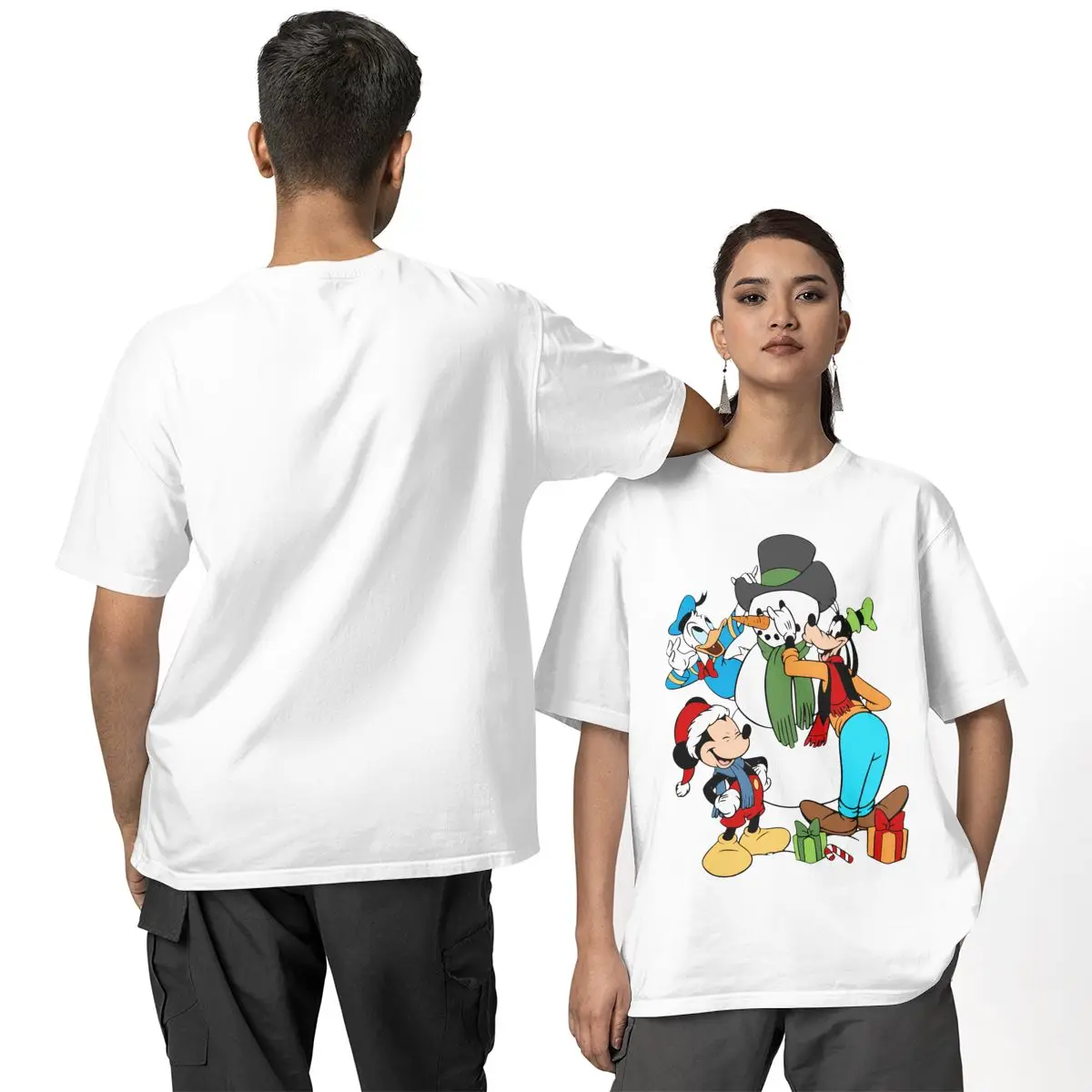 Camisetas navideñas de ocio de Mickey y Pato Donald para hombre, camisetas de algodón puro con cuello redondo, camiseta de manga corta, ropa de regalo