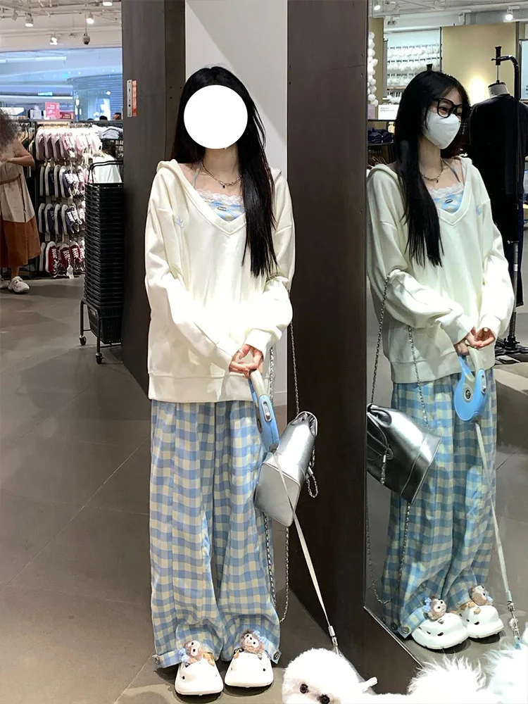 

Корейское клетчатое худи с V-образным вырезом и цветовыми блоками, женское, весна-осень, тонкое, оверсайз, дизайнерский стиль, повседневный уличный образ