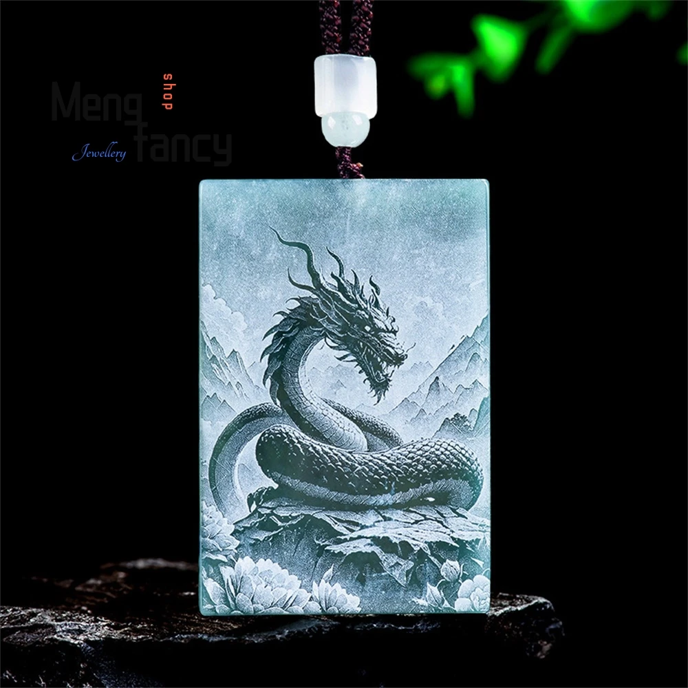 Natural A-Grade Jadeite Blue Water Twelve Chinese Zodiac Signs Shadow Carving Pendant National Style Couple Fashion Fine Jewelry
