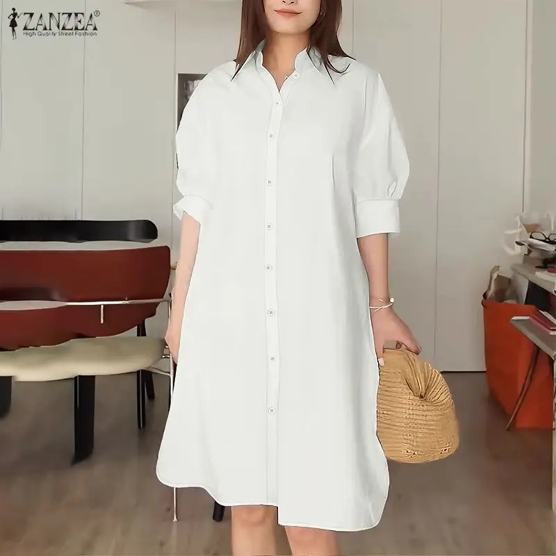 

Летнее женское платье-рубашка ZANZEA с рукавами-фонариками, воротником и пуговицами, длиной до колена, минималистичное, повседневное, однотонное, в стиле робе.