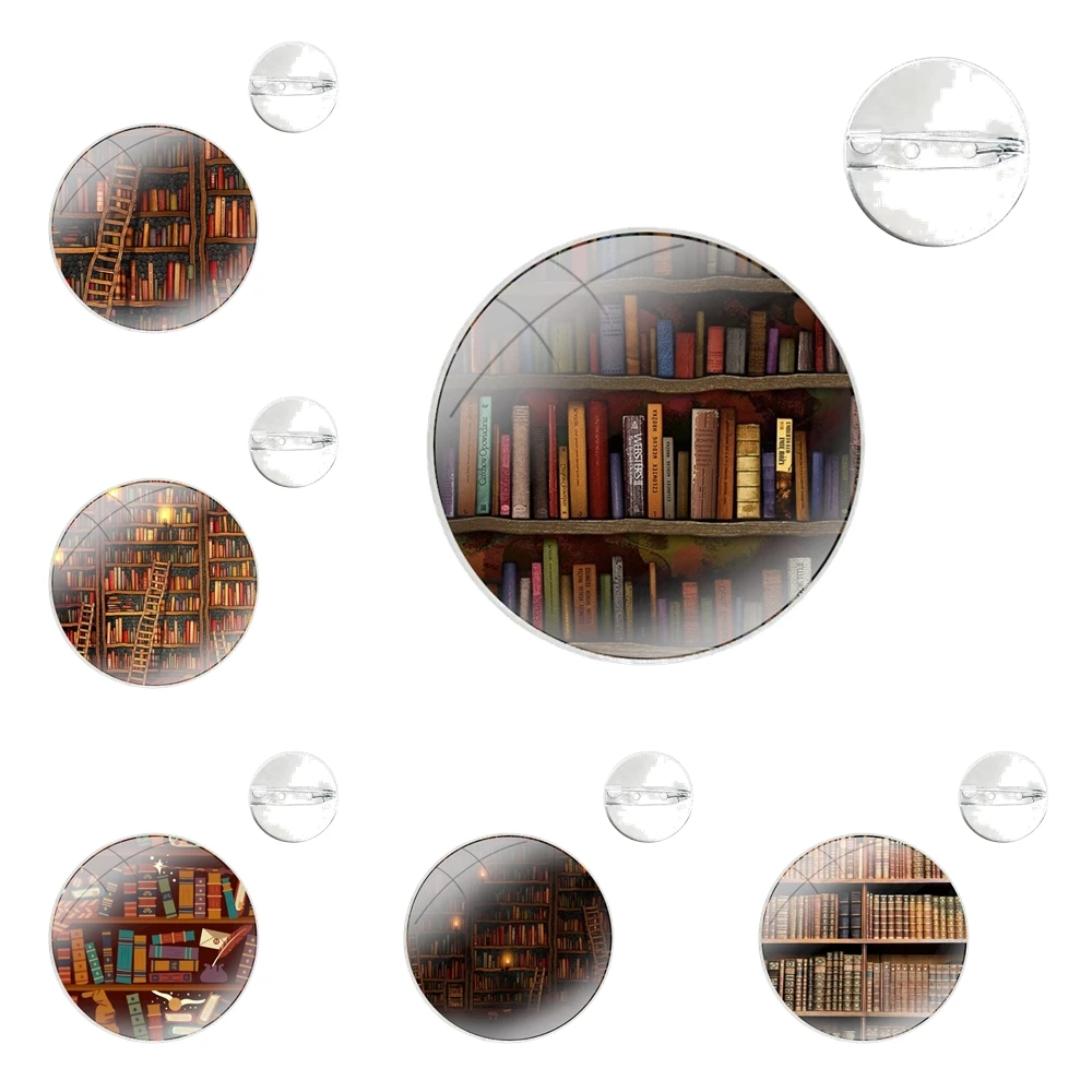 Colorful Book Library Glass Dome Brooches Badge Pins For Clothes Hat Shirt Lapel Bag