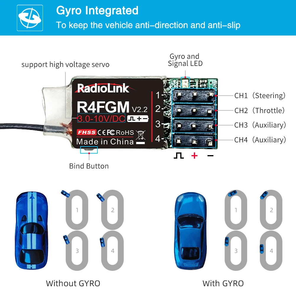 Radiolink R4FGM V2.2 3-10V 4 Channel Mini Receiver with Gyro for 1:28 1:64 RC Pocket Drift Car Hotwheel for RC4GS RC6GS RC8X