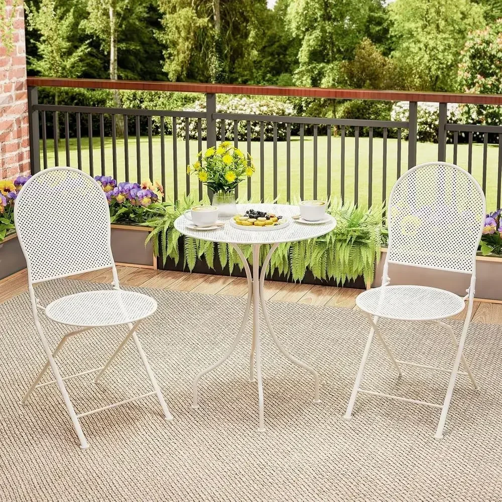 3-Piece Outdoor Patio Bistro Set with Metal Table and 2 Folding Chairs (White)